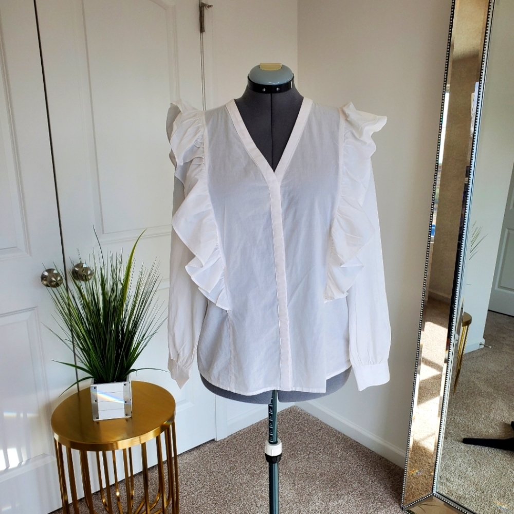 Express Women's Ruffle Blouse, White (Size L) - Picture 1 of 7